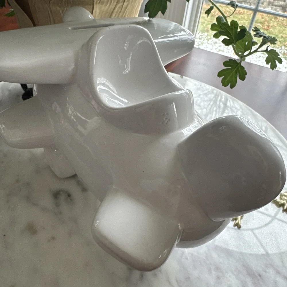 Large White Ceramic Airplane Piggy Bank – Modern Aviation Nursery Decor Gift